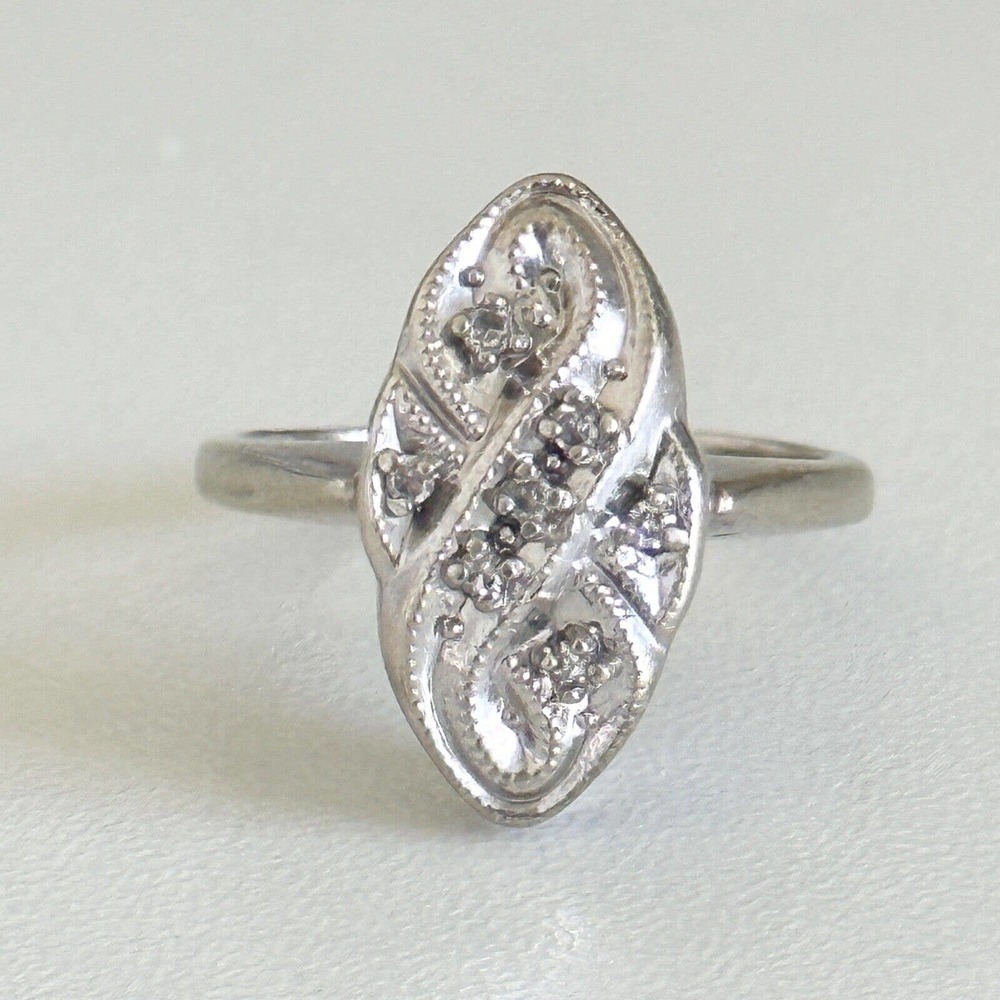 14K Solid White Gold Vintage Antique Deco Style Diamonds Band Ring Size 4.75